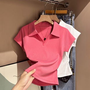 白色polo领翻领上衣短款 自拍 新款 T恤夏季 收腰修生休闲设计感 短袖