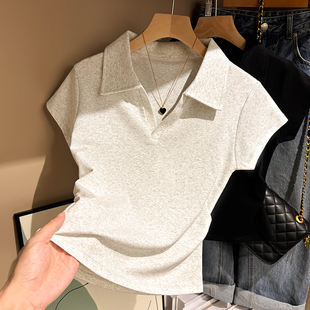 收腰修生休闲设计感 白色polo领翻领上衣短款 短袖 T恤2026年夏季
