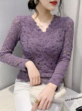 加绒加厚紫色V领蕾丝打底衫女秋冬皮草内搭保暖显白巨好看上衣