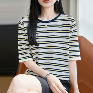 圆领莱赛尔天丝针织T恤女夏季新款时尚百搭宽松显瘦白搭外穿上衣