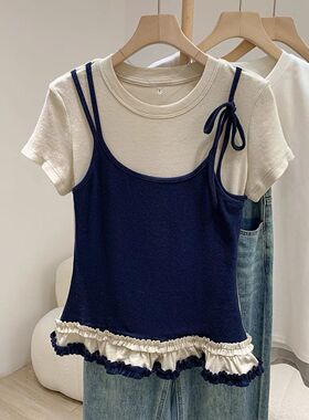 2026夏季新款藏青燕麦色圆领假两件双色拼接短袖T恤女修身上衣潮