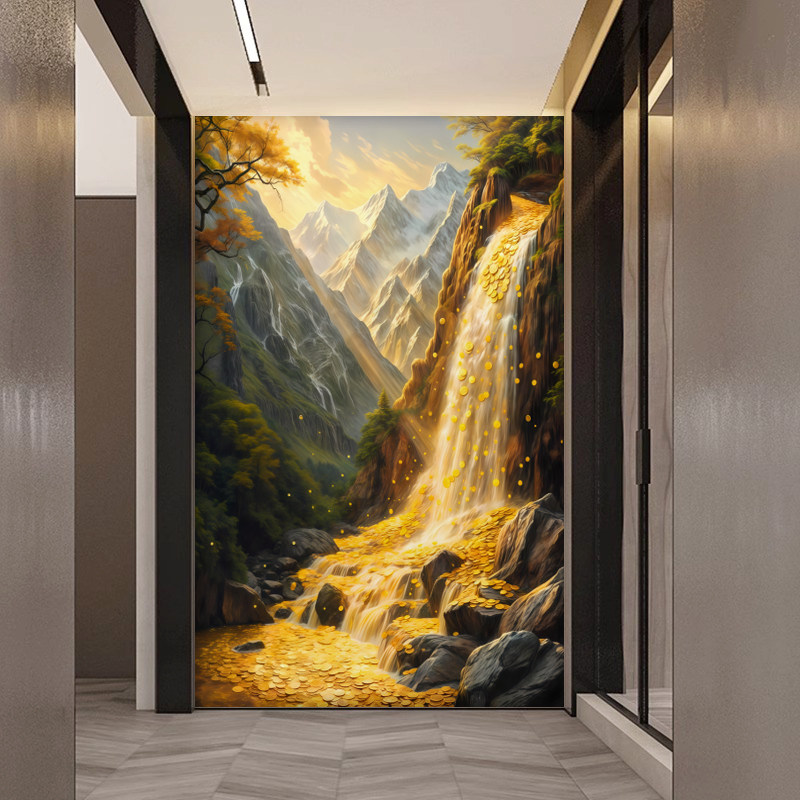 流水生财现代玄关背景墙壁纸入户走廊过道墙布招财聚财壁画办公室