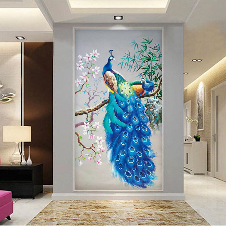 入户玄关背景墙壁纸3D立体孔雀墙纸定制简欧客厅餐厅竖版无缝壁画