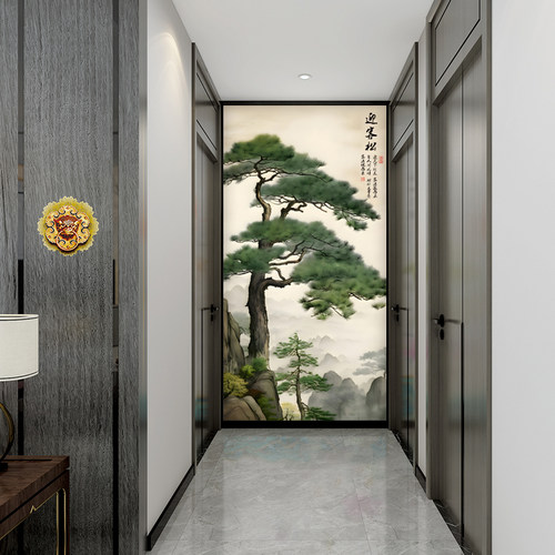 新中式迎客松玄关壁纸入户山水风景走廊过道墙布书房茶室竖版壁画