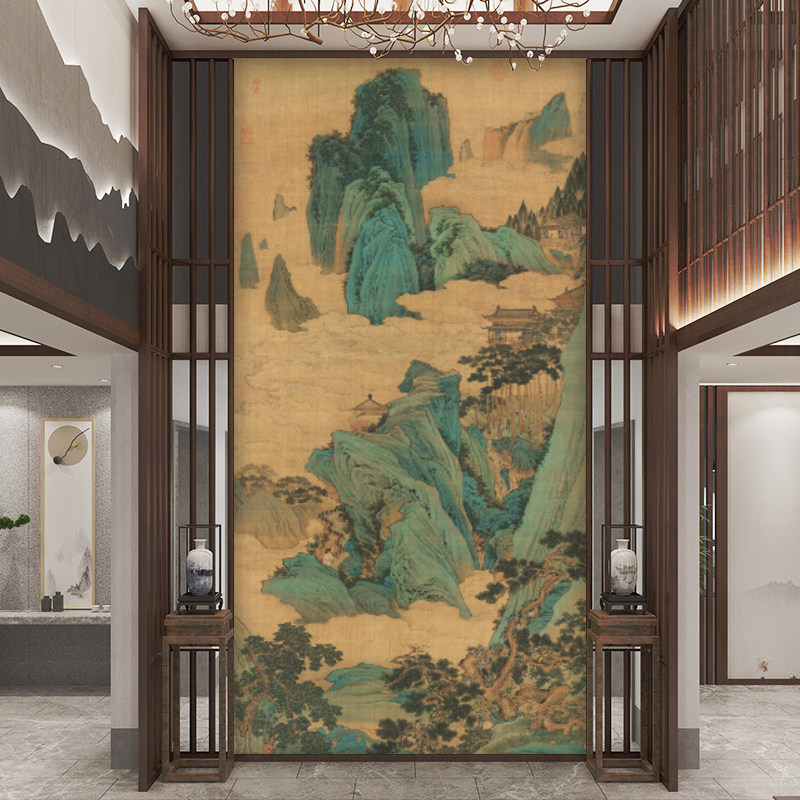 宋氏美学茶室书房定制壁画国画山水拼色墙布客厅壁纸桃源仙境图