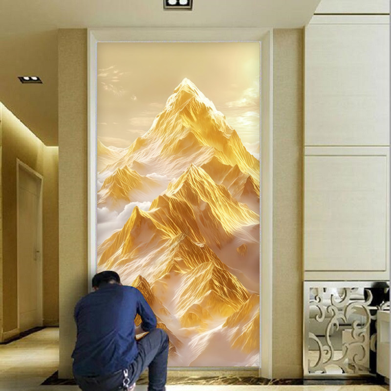 日照金山入户玄关壁纸竖版西墙山水画墙布背有靠山走廊过道壁画3d