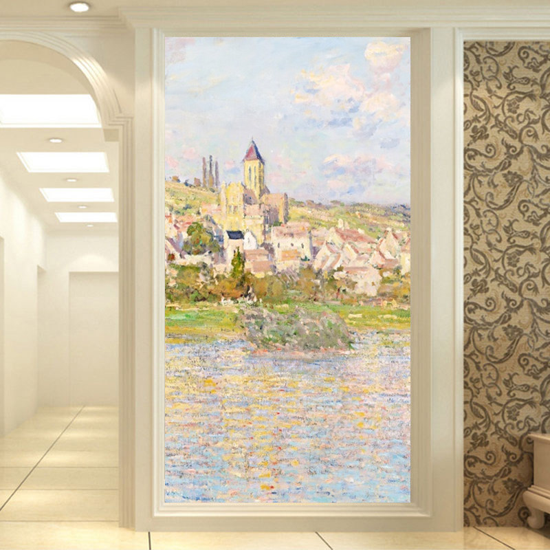 现代法式玄关壁布壁画餐厅背景墙布画弧形壁纸入户莫奈风艺术墙纸