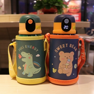 双盖儿童保温杯带吸管智能显示温度水杯男童背带户外水壶上学专用