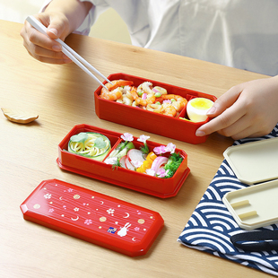 双层便当盒分隔饭盒带筷子儿童饭盒女生减脂便当盒子 日本进口日式