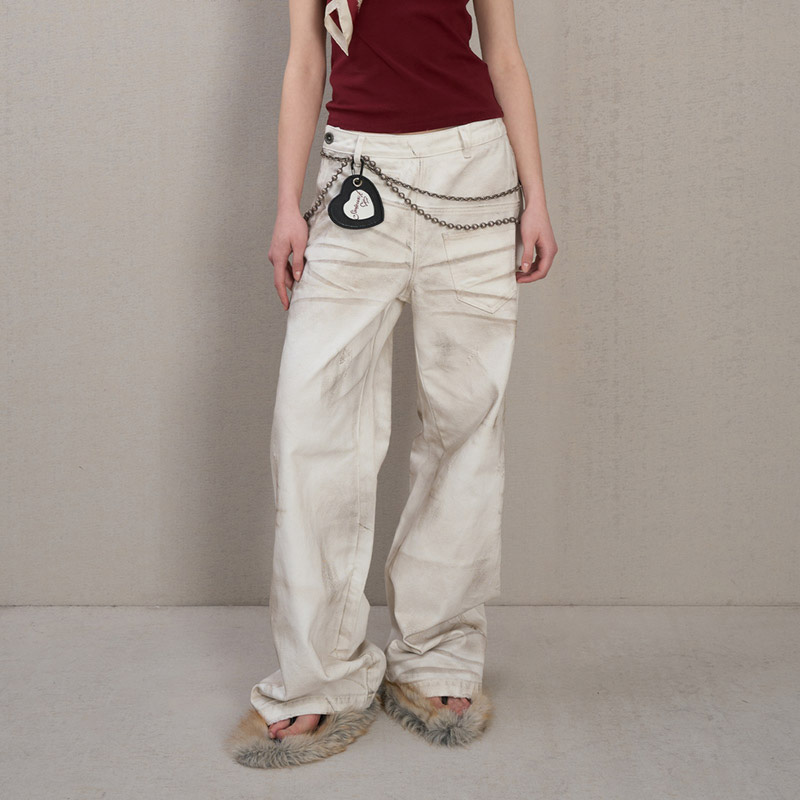 解构喷脏侧门襟白牛仔裤