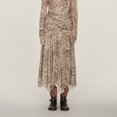 品牌卷边印花针织长半裙