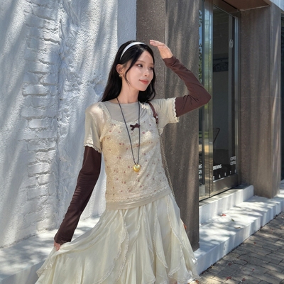 碎花吊带背心假两件套头长袖T