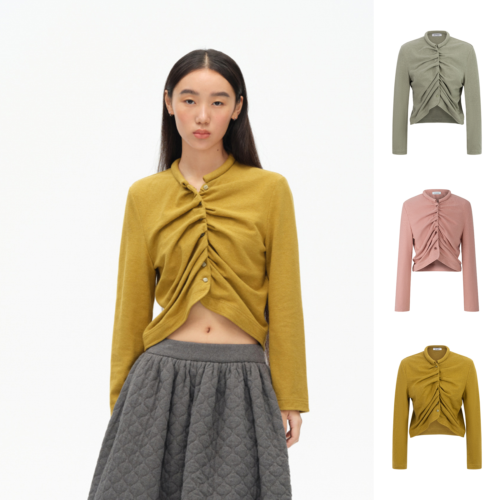 设计感圆领卷边捏褶开衫短款上衣