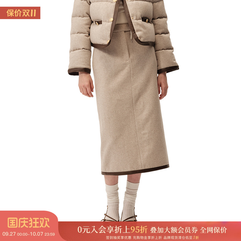 冬季新款花咖纹拼色西装长半裙