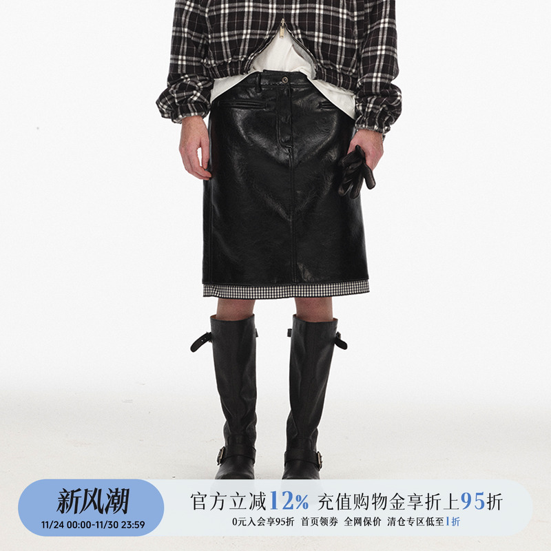 H直身版型格纹拼接半身裙