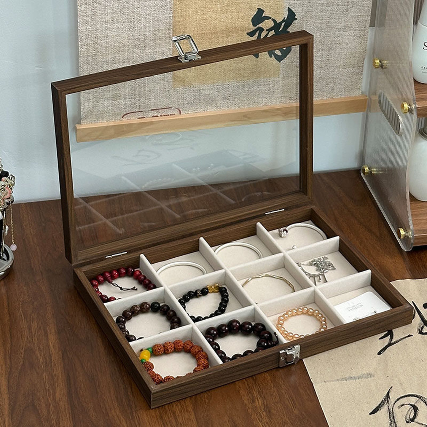 手镯收纳盒木制防尘桌面收纳盒复古文玩盲盒首饰盒香膏展示架