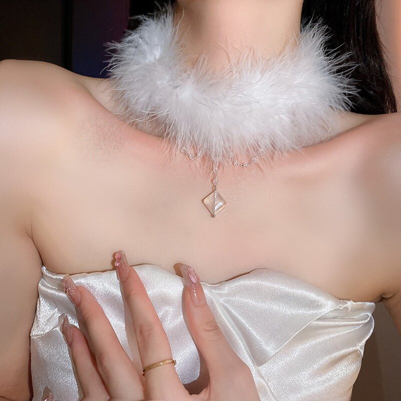 复古纯欲毛毛项链流苏羽毛choker短链甜酷辣妹锁骨链万圣节女