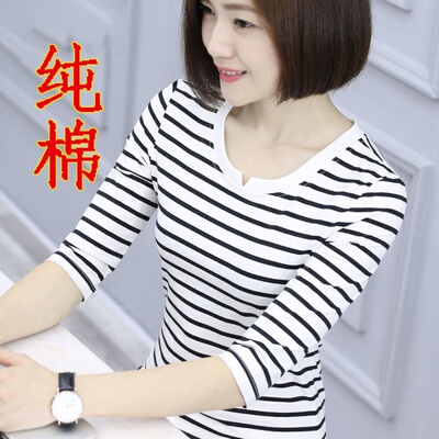 纯棉T恤女2025新款春季上衣大码条纹长袖宽松中年妈妈衣服打底衫