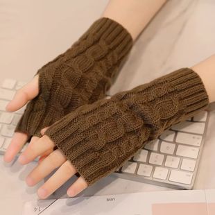 秋冬季保暖新款麻花纹露指男女士秋冬季保暖手套简约时尚露指手套