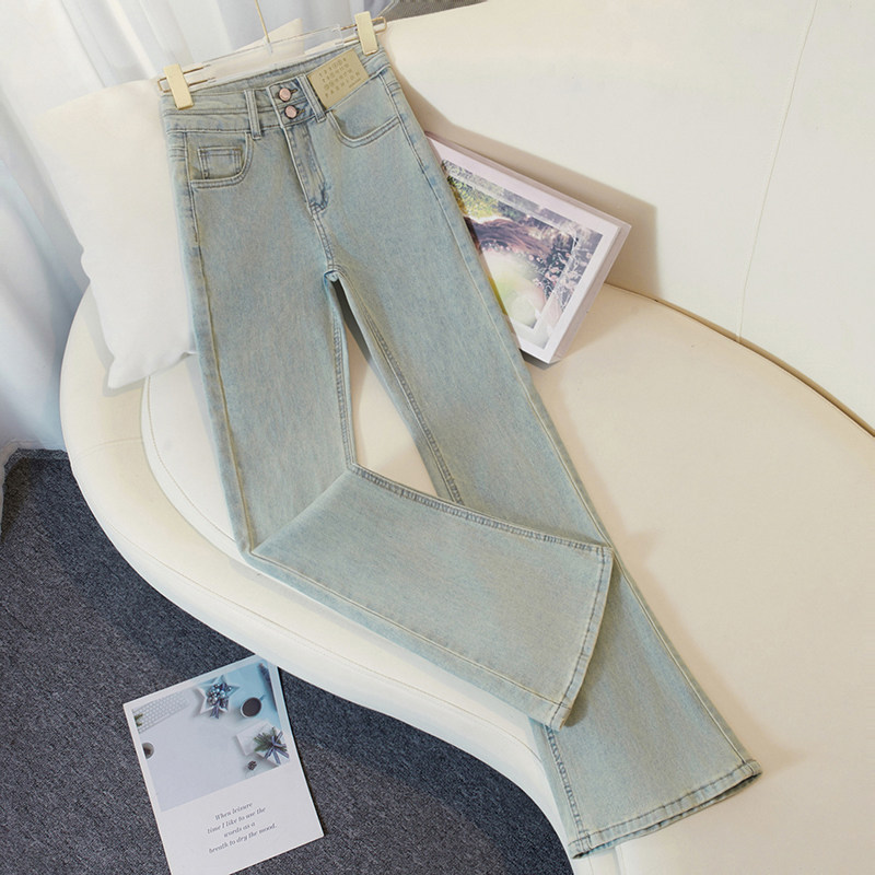 浅蓝色高腰喇叭牛仔裤女2025春季新款高腰显瘦紧身百搭微喇马蹄裤