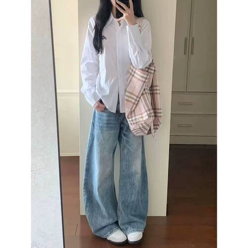 复古蓝低腰弯刀牛仔裤女宽松显瘦垂感阔腿裤超好看的直筒拖地长裤