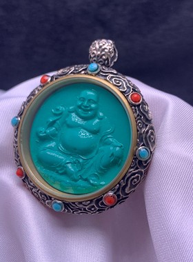 绿松石镶嵌弥勒佛圆牌