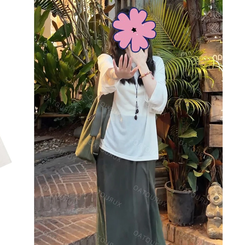 早春季2026新款女装宽松显瘦莱赛尔百搭米杏色长袖T恤上衣打底衫