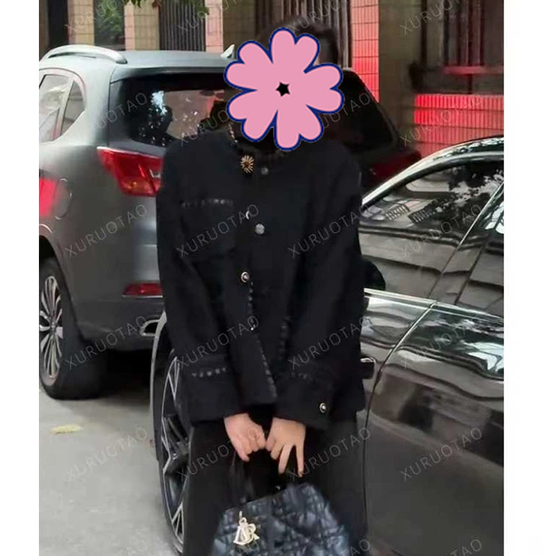 羊毛小香风夹棉黑色棉衣服外套女
