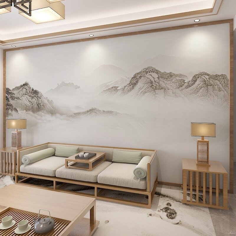 现代客厅水墨山水画竹木纤维集成墙板电视背景墙3d沙发卧室护墙板