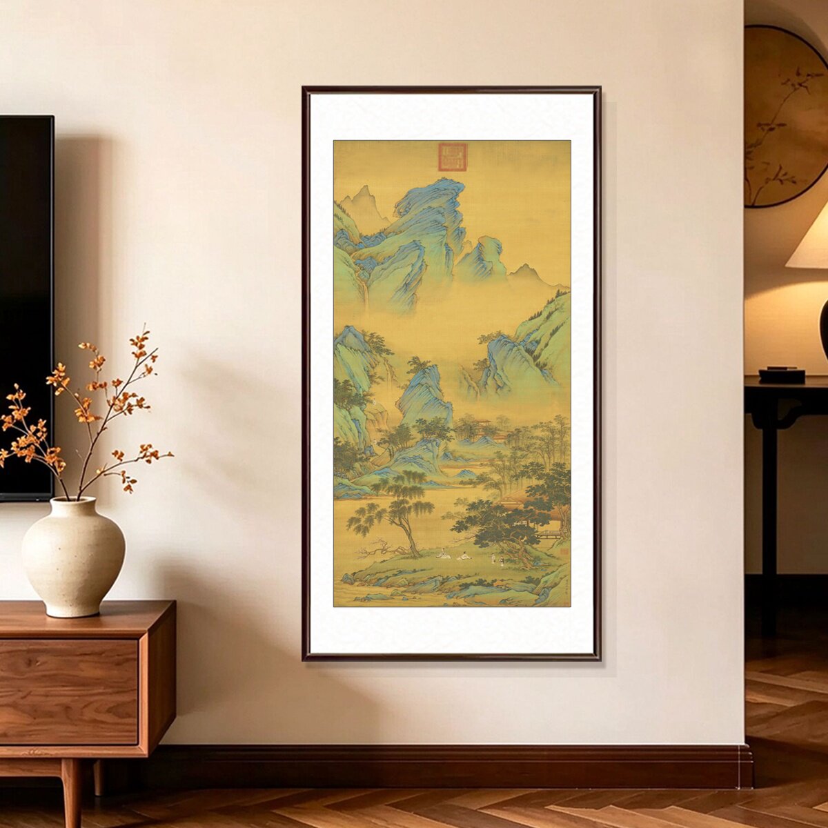 仇英春山吟赏图国画山水画新中式玄关挂画客厅茶室走廊装饰壁画