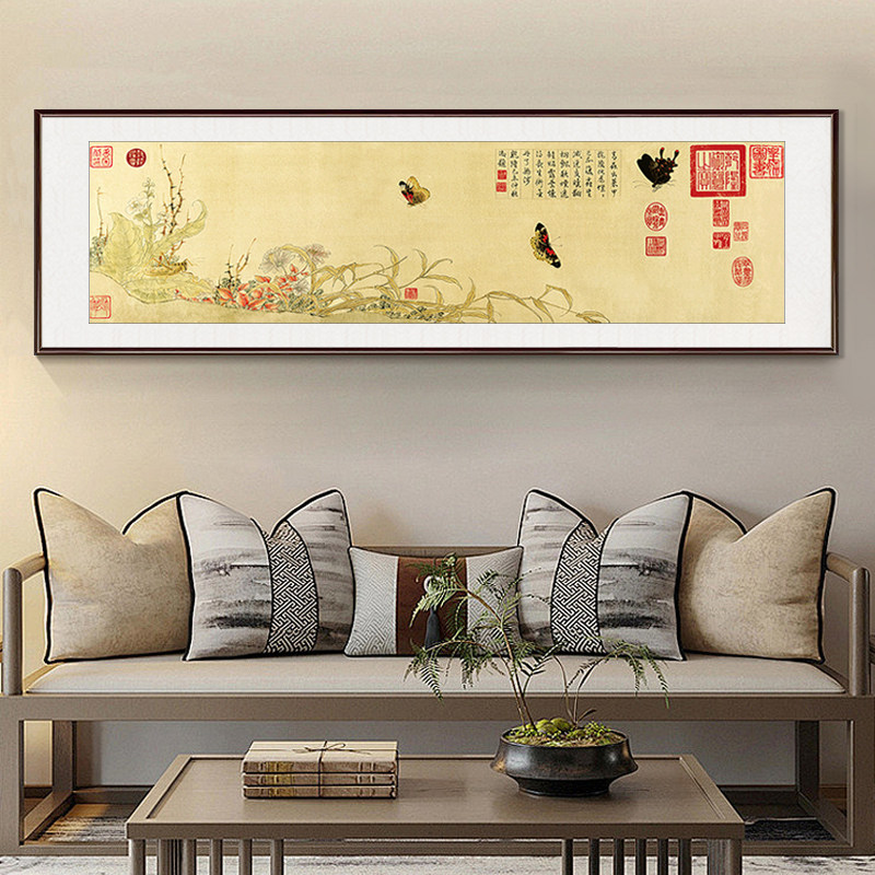 新中式沙发背景墙挂画客厅装饰画餐厅茶室花鸟赵昌写生蛱蝶图国画