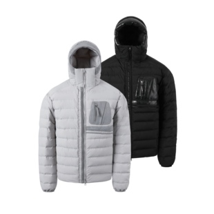 「OCEANBACCA」裂痕*刀割轻量化撞色拼皮连帽排骨羽绒服 90白鸭绒