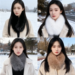 毛毛领围脖气质灰色仿狐狸毛毛绒围巾女冬季保暖加厚磁吸围脖时尚