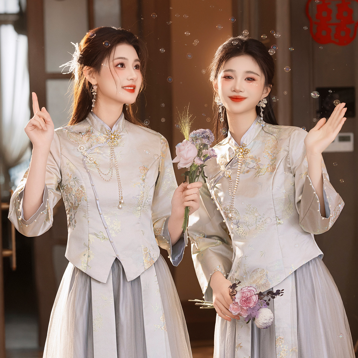 中式伴娘服女2026新款冬装姐妹团礼服小众演出服显瘦小个子伴娘裙