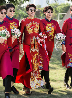 伴郎服中式男兄弟装新郎结婚礼服搞笑中国风唐装大马褂兄弟团套装