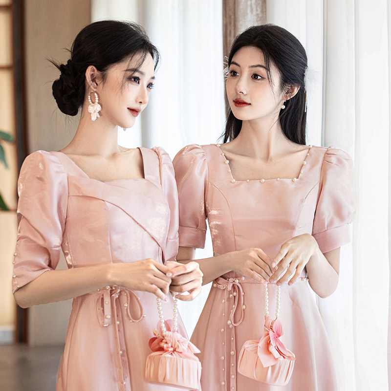 伴娘服女2025新款姐妹团小个子高级感缎面气质显瘦珍珠伴娘裙,女装/女士精品,礼服/晚装,淘宝优惠券,粉丝福利购,淘宝优惠卷