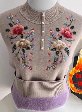 妈妈冬装一体绒打底衫毛衣50岁中老年女秋冬加绒加厚绣花保暖内