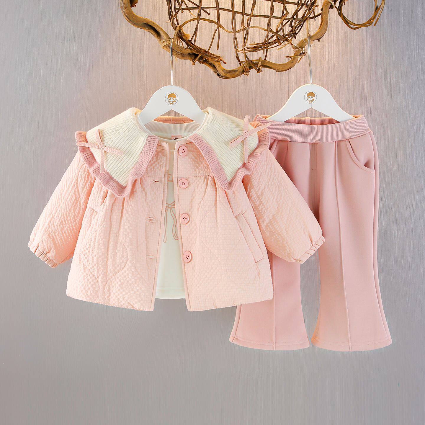 2025秋冬新款女宝宝加厚保暖棉服洋气冬装套装女童加绒卫衣三件套