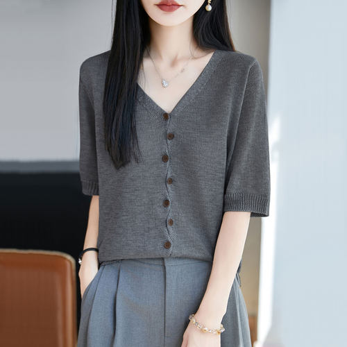 V领桑蚕丝开衫短袖T恤女