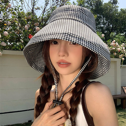韩系千鸟格子防晒渔夫帽女夏季薄款可折叠大檐遮阳帽遮脸太阳帽子