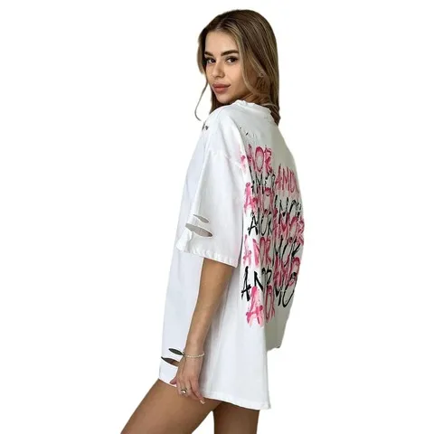 T恤短袖AMOR字母辣妹设计感大版撞色风破烂圆领上衣百搭女款印花