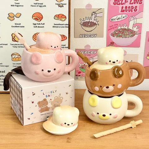 小熊生日礼物水杯马克杯陶瓷杯子闺蜜家用送可爱带盖情侣杯礼盒装,餐饮具,马克杯,淘宝优惠券,粉丝福利购,淘宝优惠卷