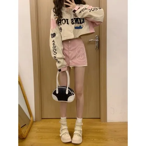 棒球服秋季机车服辣妹赛车ins夹克美式炸街粉色复古可拆卸外套女