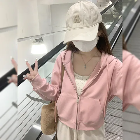藏青色肩薄款卫衣夏季运动正短款连帽上衣外套女休闲秋季春秋款