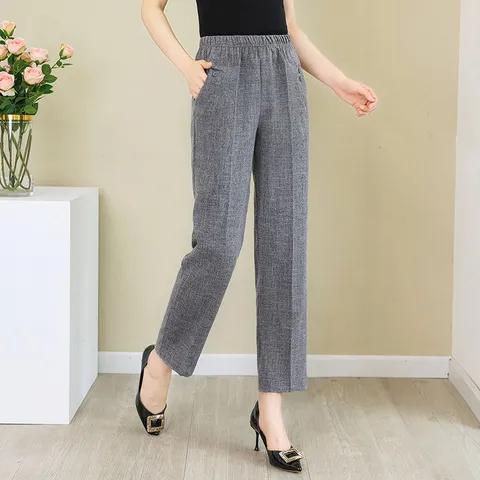 薄款九分宽松紧女裤长裤子夏棉麻休闲妈妈款直筒亚麻女装中老年人