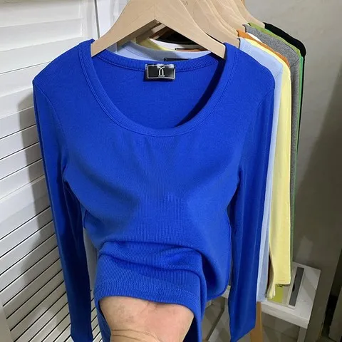 内搭长袖修身女上衣打底衫显瘦低领U领t恤弹力针织大领口纯色螺纹