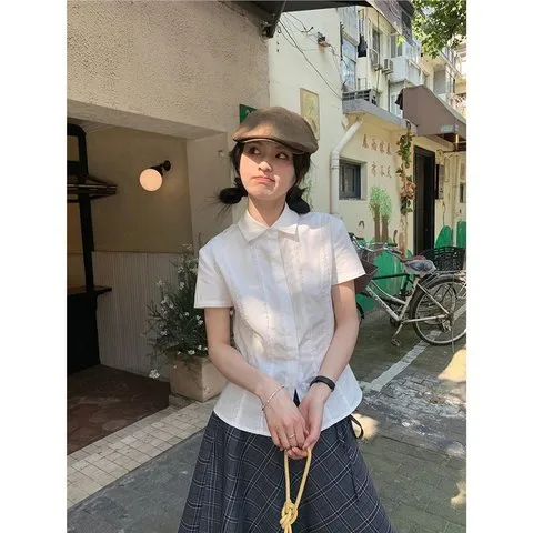设计学院衬衣修身收腰新款短袖显瘦衬衫夏季白色上衣甜美蕾丝花边