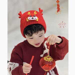 红色儿童帽子毛线针织男孩小宝宝龙头秋冬季2024龙年新年过年龙角