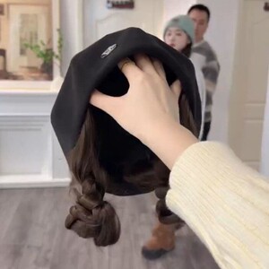 八角贝雷帽女秋冬显脸小的假发帽子一体长卷发自然仿真韩系百搭