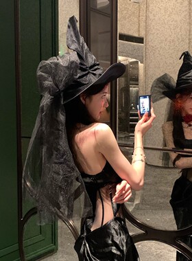 黑天鹅序曲万圣节cos装扮黑色蕾丝花朵女巫帽魔法帽暗黑系头饰女
